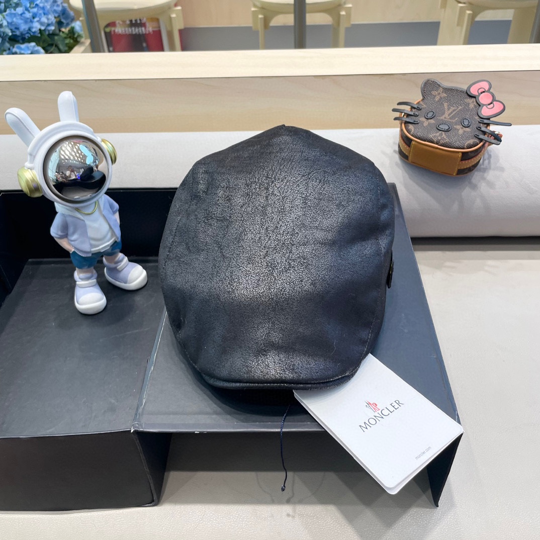 moncler复古ins风皮质前进帽女秋冬休闲百搭画家帽个性显脸小反戴贝雷帽
