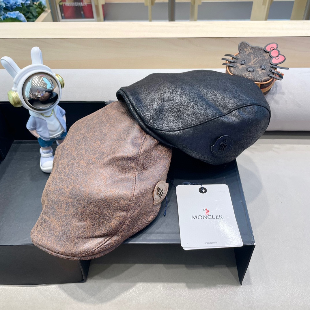 moncler复古ins风皮质前进帽女秋冬休闲百搭画家帽个性显脸小反戴贝雷帽