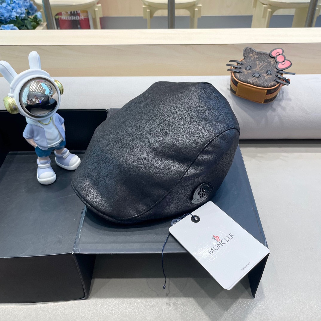 moncler复古ins风皮质前进帽女秋冬休闲百搭画家帽个性显脸小反戴贝雷帽