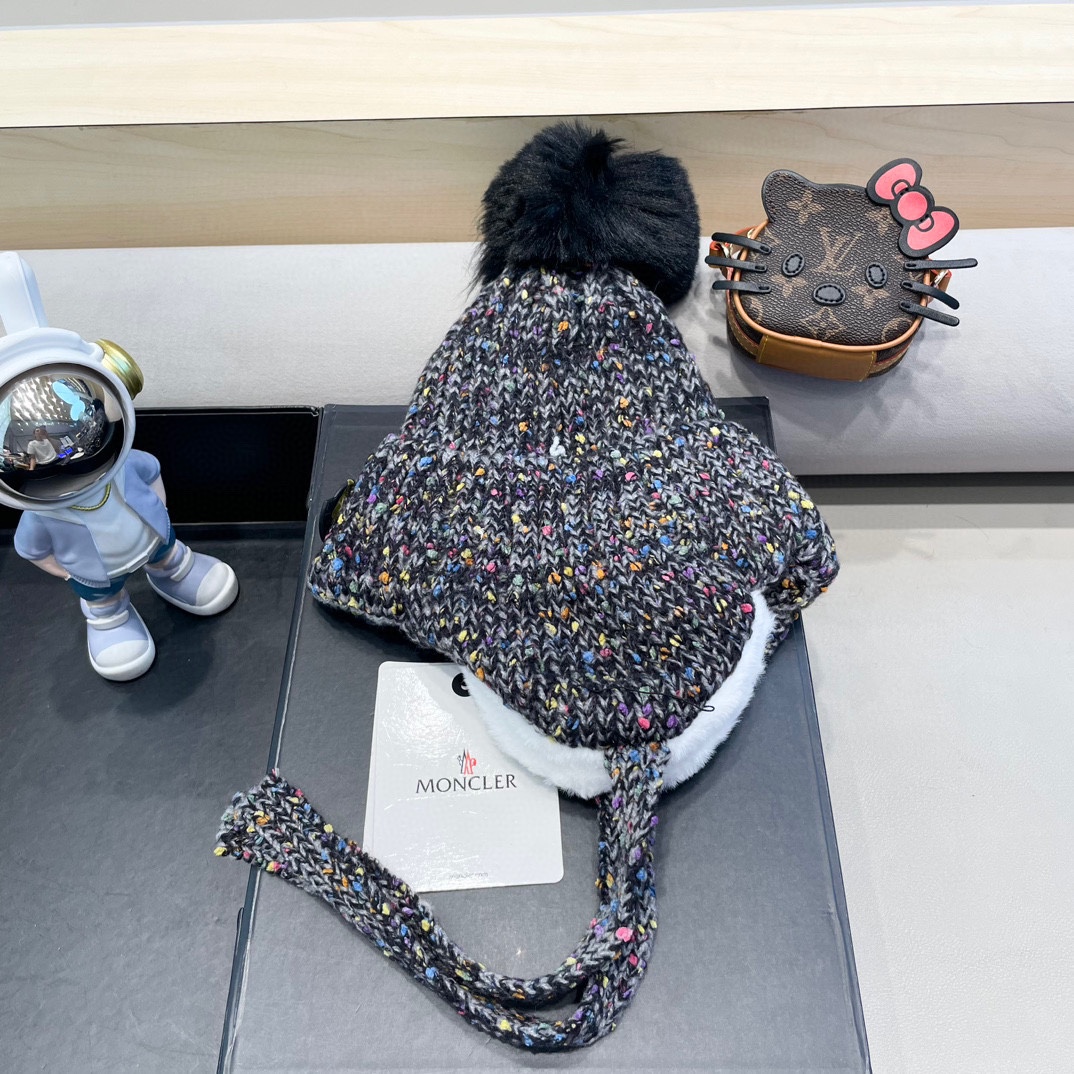 moncler2024新款帽子女保暖加绒时尚防风护耳毛绒帽子户外加厚雪地毛球帽