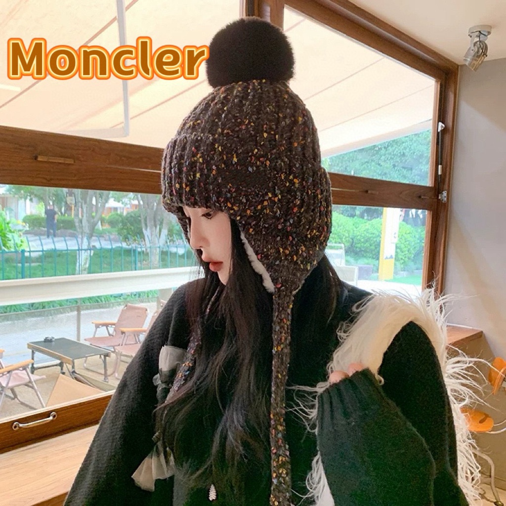 moncler2024新款帽子女保暖加绒时尚防风护耳毛绒帽子户外加厚雪地毛球帽