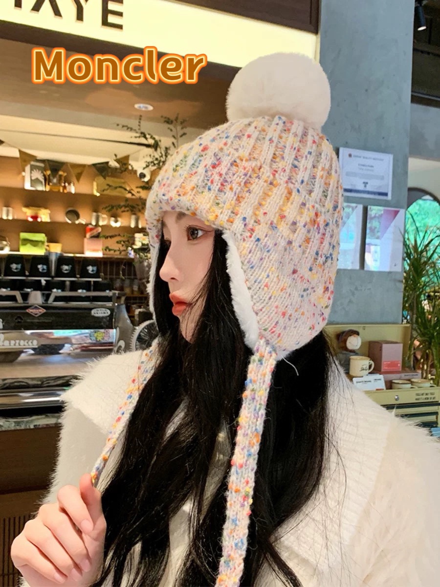 moncler2024新款帽子女保暖加绒时尚防风护耳毛绒帽子户外加厚雪地毛球帽