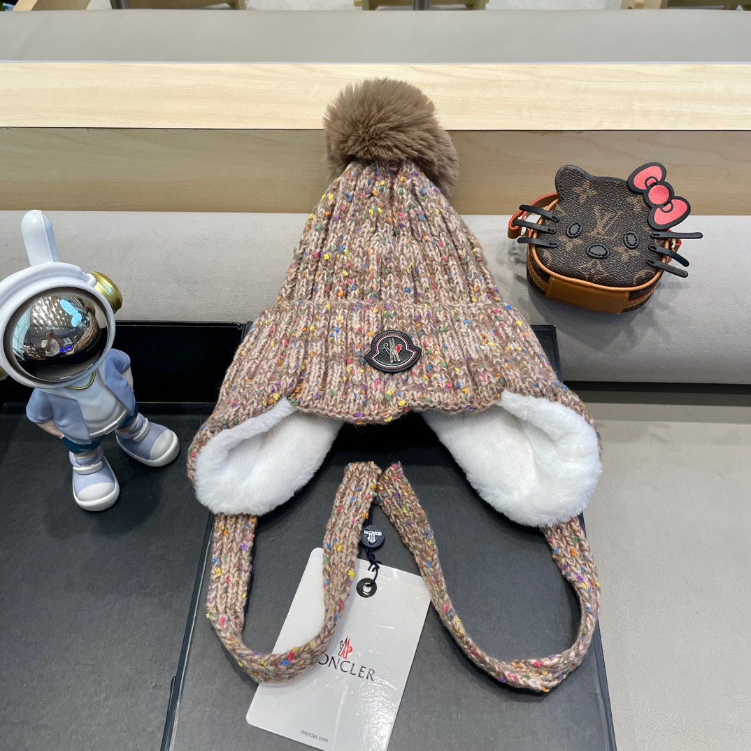 moncler2024新款帽子女保暖加绒时尚防风护耳毛绒帽子户外加厚雪地毛球帽