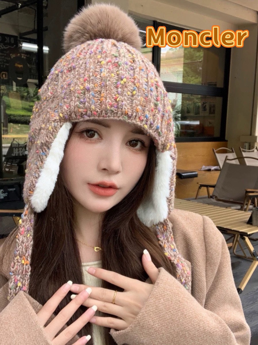 moncler2024新款帽子女保暖加绒时尚防风护耳毛绒帽子户外加厚雪地毛球帽