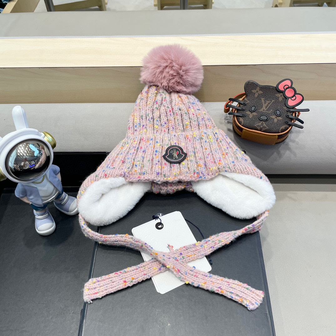 moncler2024新款帽子女保暖加绒时尚防风护耳毛绒帽子户外加厚雪地毛球帽