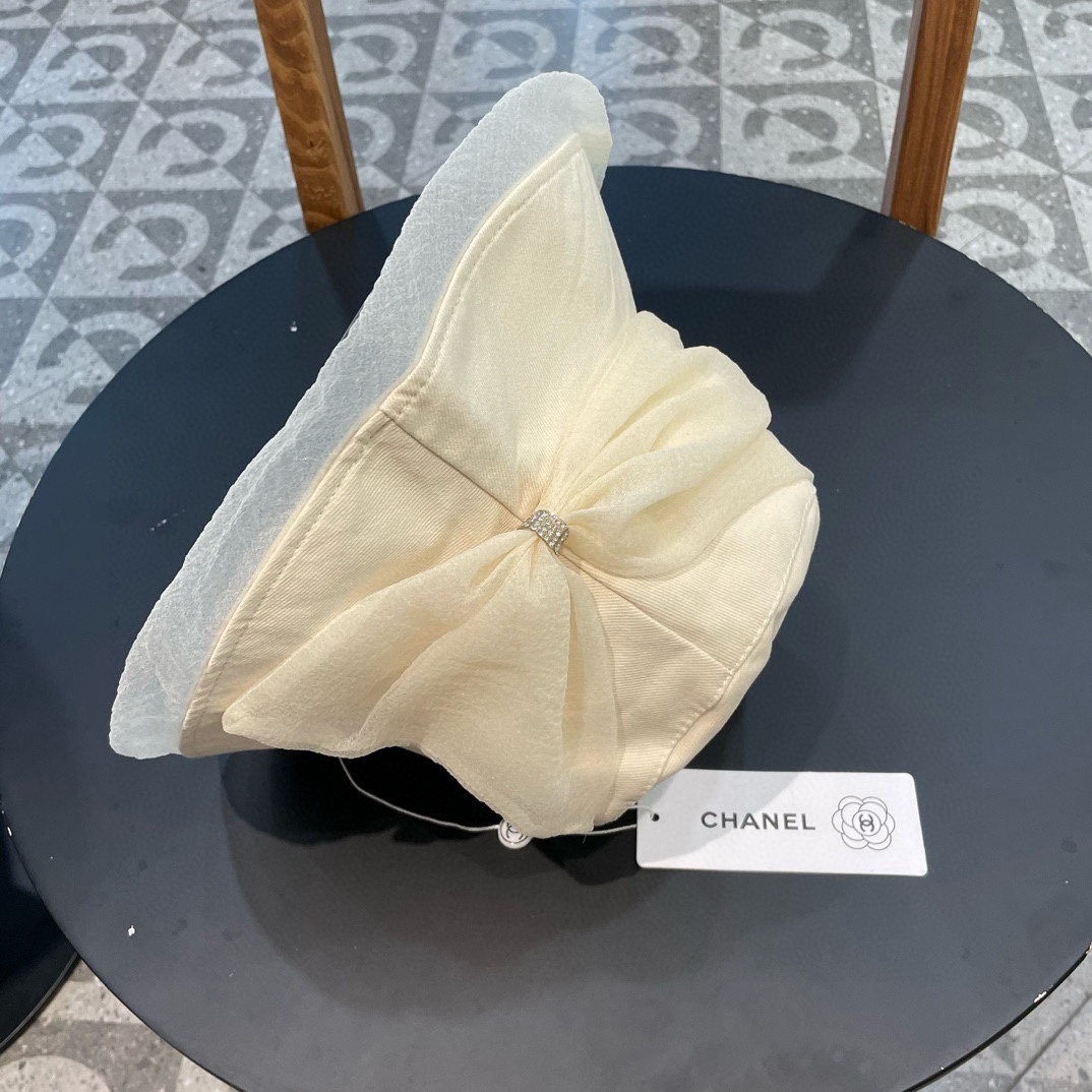 Chanel香奈儿棉麻渔夫帽子女2024年新款春夏防晒遮阳网纱蝴蝶结甜美气质盆帽时尚