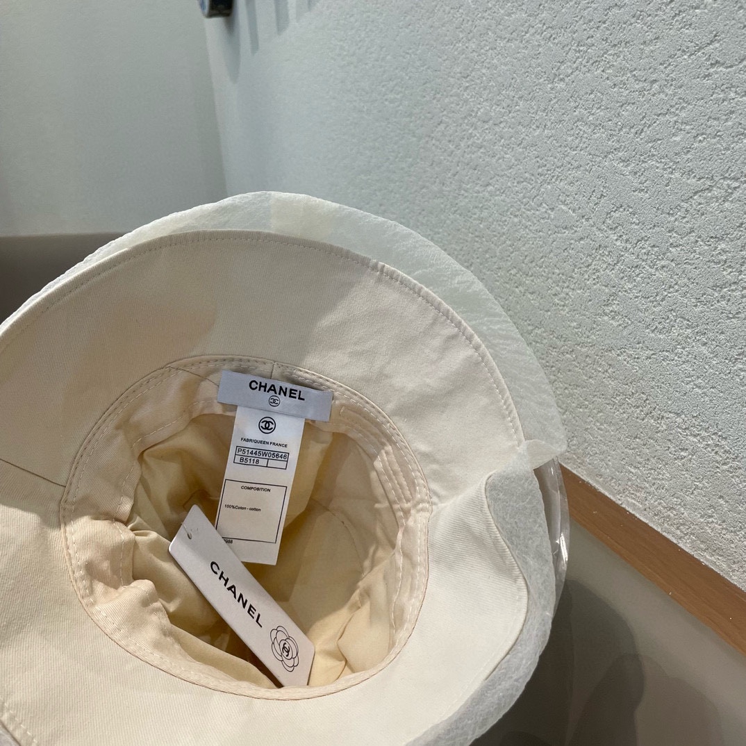 Chanel香奈儿棉麻渔夫帽子女2024年新款春夏防晒遮阳网纱蝴蝶结甜美气质盆帽时尚