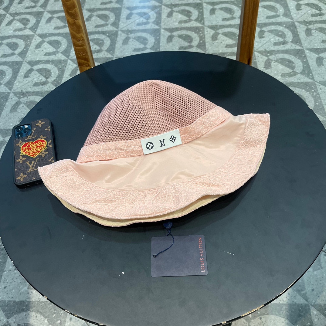  LouisVuitton路易威登 韩版新款帽子女蕾丝花边蝴蝶结彩胶防晒遮阳帽夏季针织网眼太阳帽