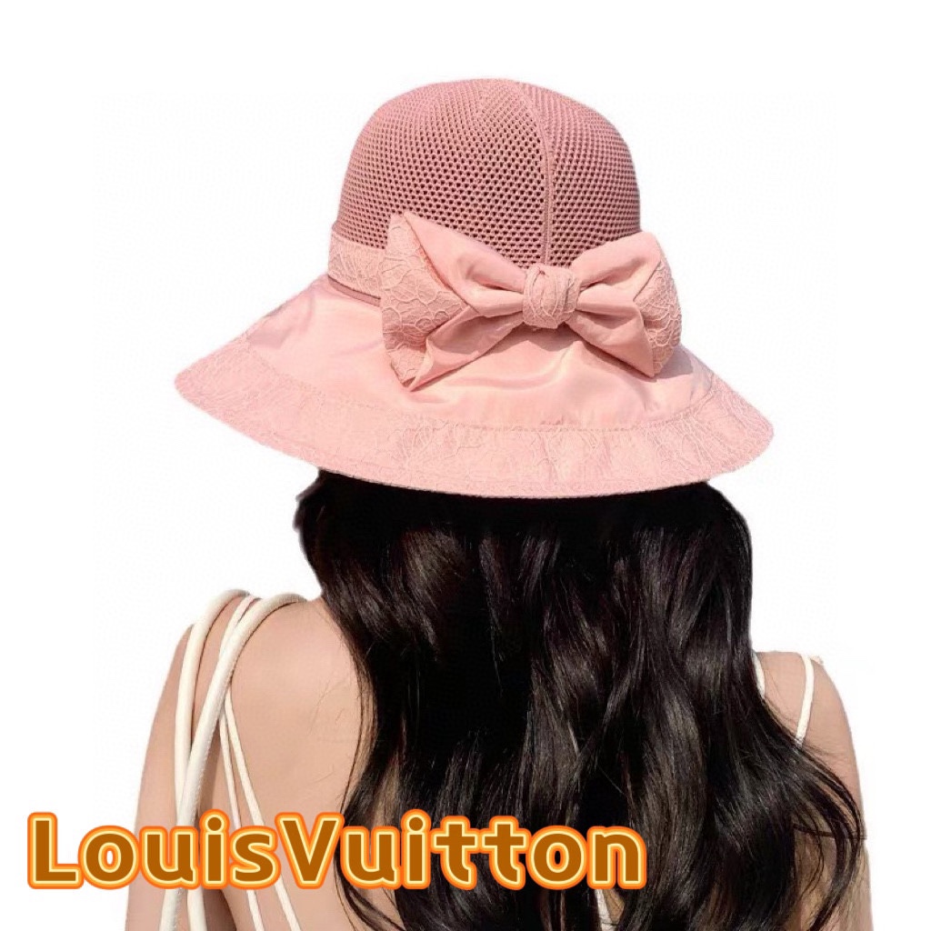 LouisVuitton路易威登 韩版新款帽子女蕾丝花边蝴蝶结彩胶防晒遮阳帽夏季针织网眼太阳帽