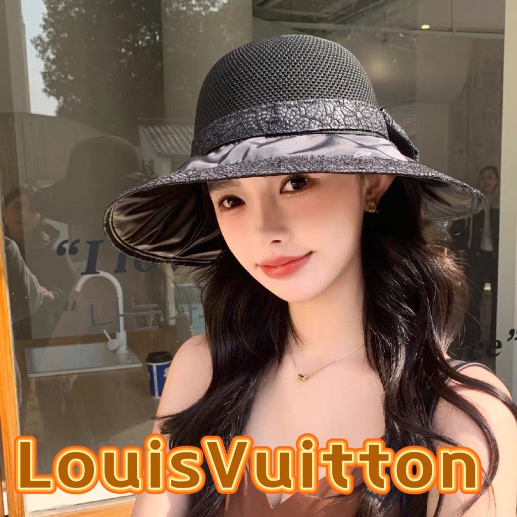  LouisVuitton路易威登 韩版新款帽子女蕾丝花边蝴蝶结彩胶防晒遮阳帽夏季针织网眼太阳帽