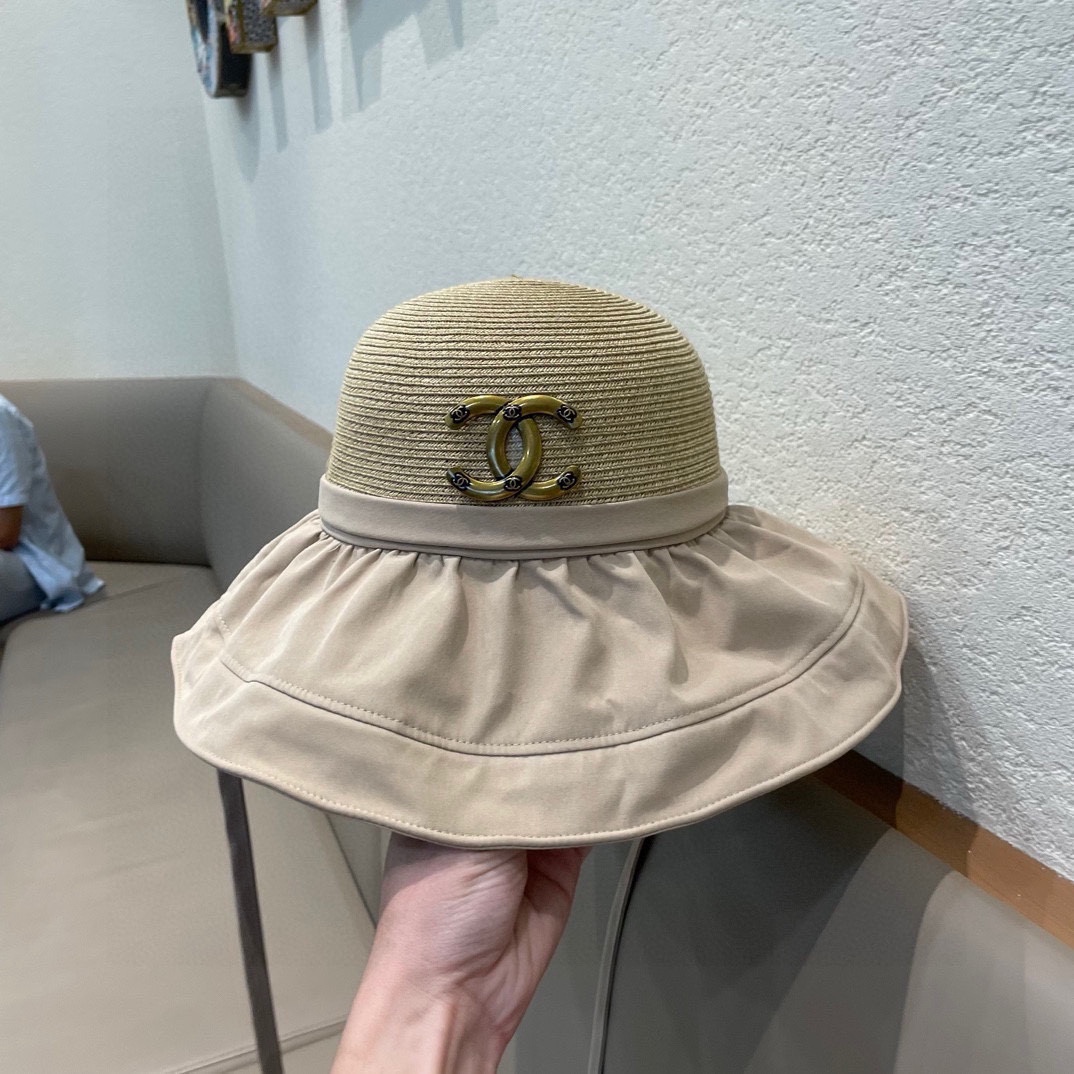  Chanel香奈儿拼接草帽，波浪边遮阳帽，头围57cm