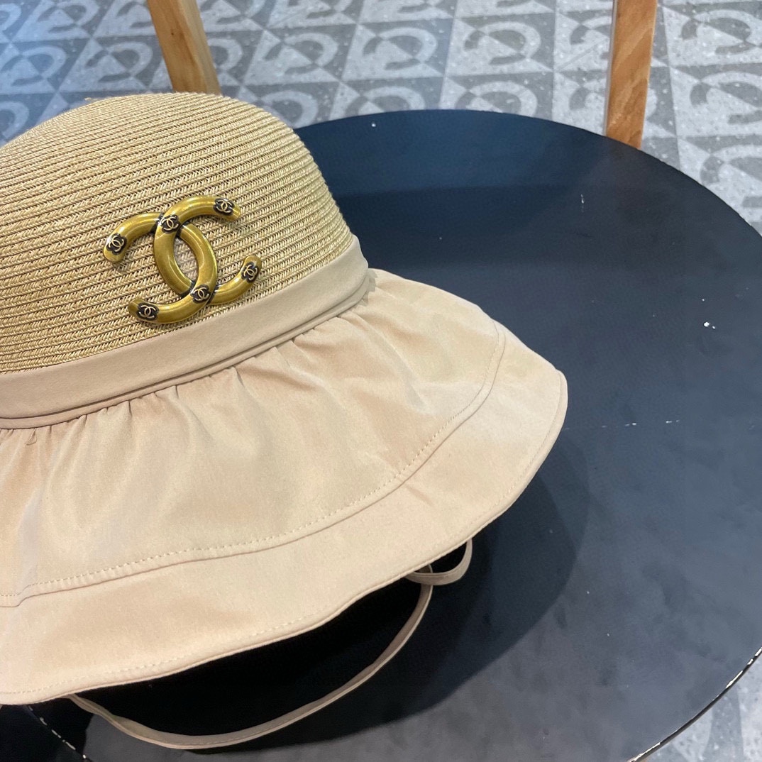  Chanel香奈儿拼接草帽，波浪边遮阳帽，头围57cm