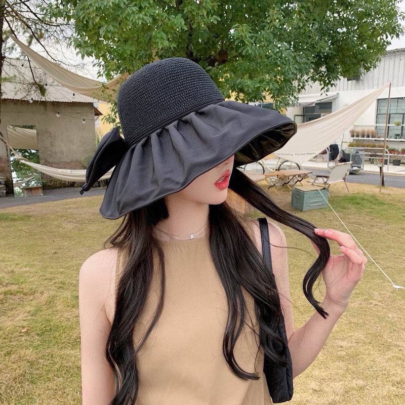 CELINE赛琳新款遮阳防晒镂空针织渔夫帽夏季防紫外线彩胶蝴蝶结可收纳口袋帽