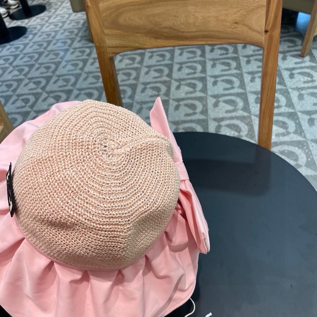 CELINE赛琳新款遮阳防晒镂空针织渔夫帽夏季防紫外线彩胶蝴蝶结可收纳口袋帽