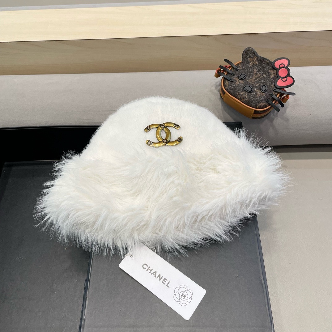 Chanel香奈儿2024毛绒绒渔夫帽子女秋冬盆帽毛绒仿皮草加绒加厚保暖百搭显脸小