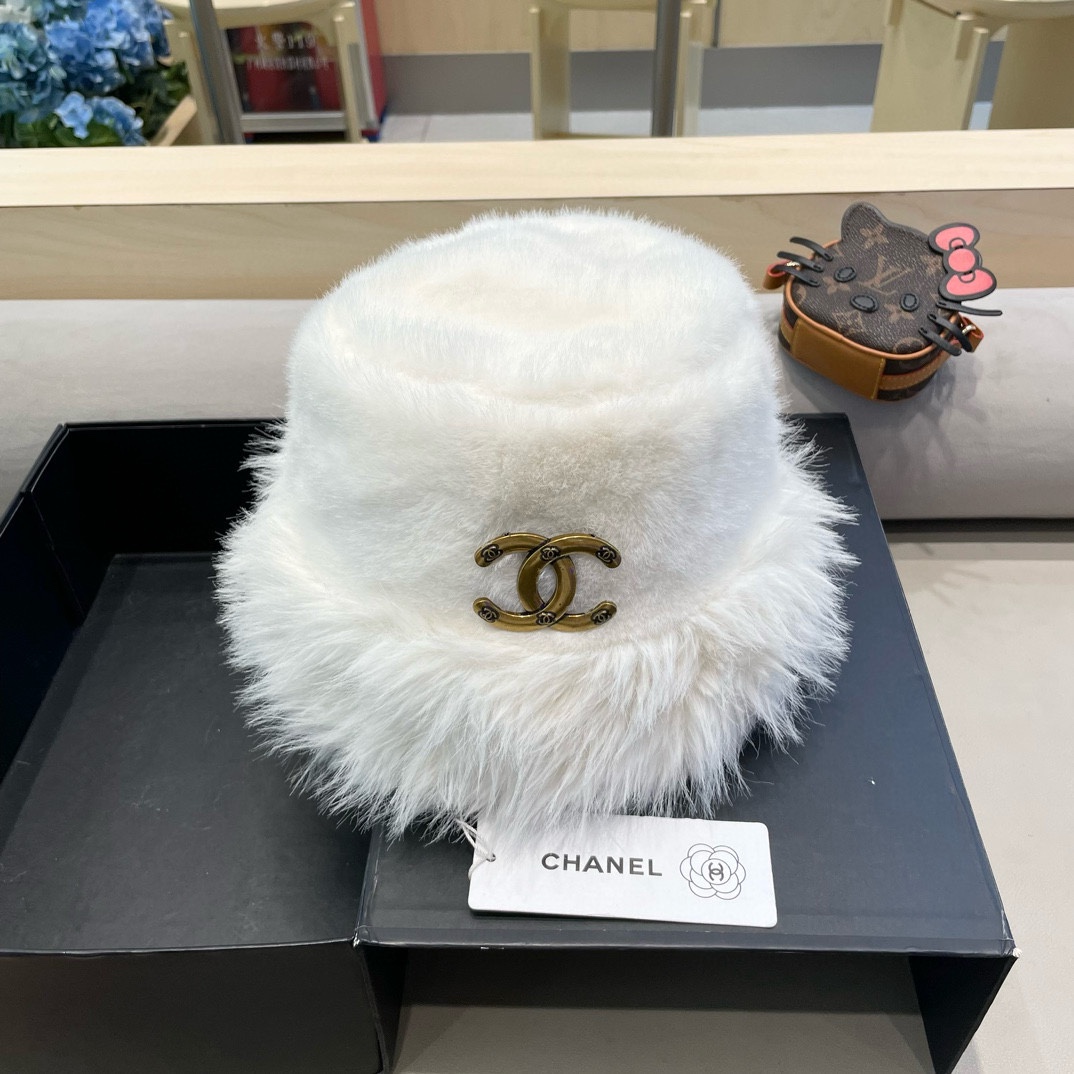 Chanel香奈儿2024毛绒绒渔夫帽子女秋冬盆帽毛绒仿皮草加绒加厚保暖百搭显脸小