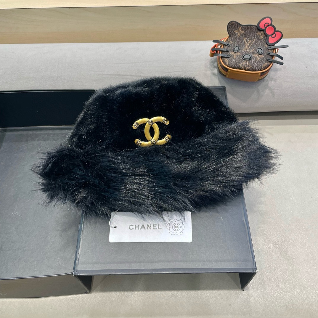 Chanel香奈儿2024毛绒绒渔夫帽子女秋冬盆帽毛绒仿皮草加绒加厚保暖百搭显脸小