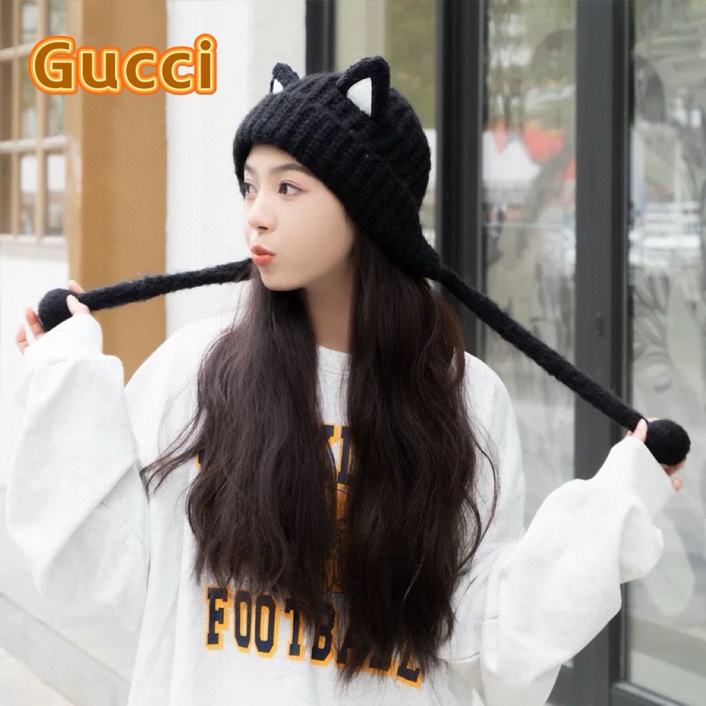  GUCCI古奇猫耳朵针织帽秋冬季保暖毛线帽韩版可爱长辫子休闲护耳帽 GUCCI古奇猫耳朵针织帽秋冬季保