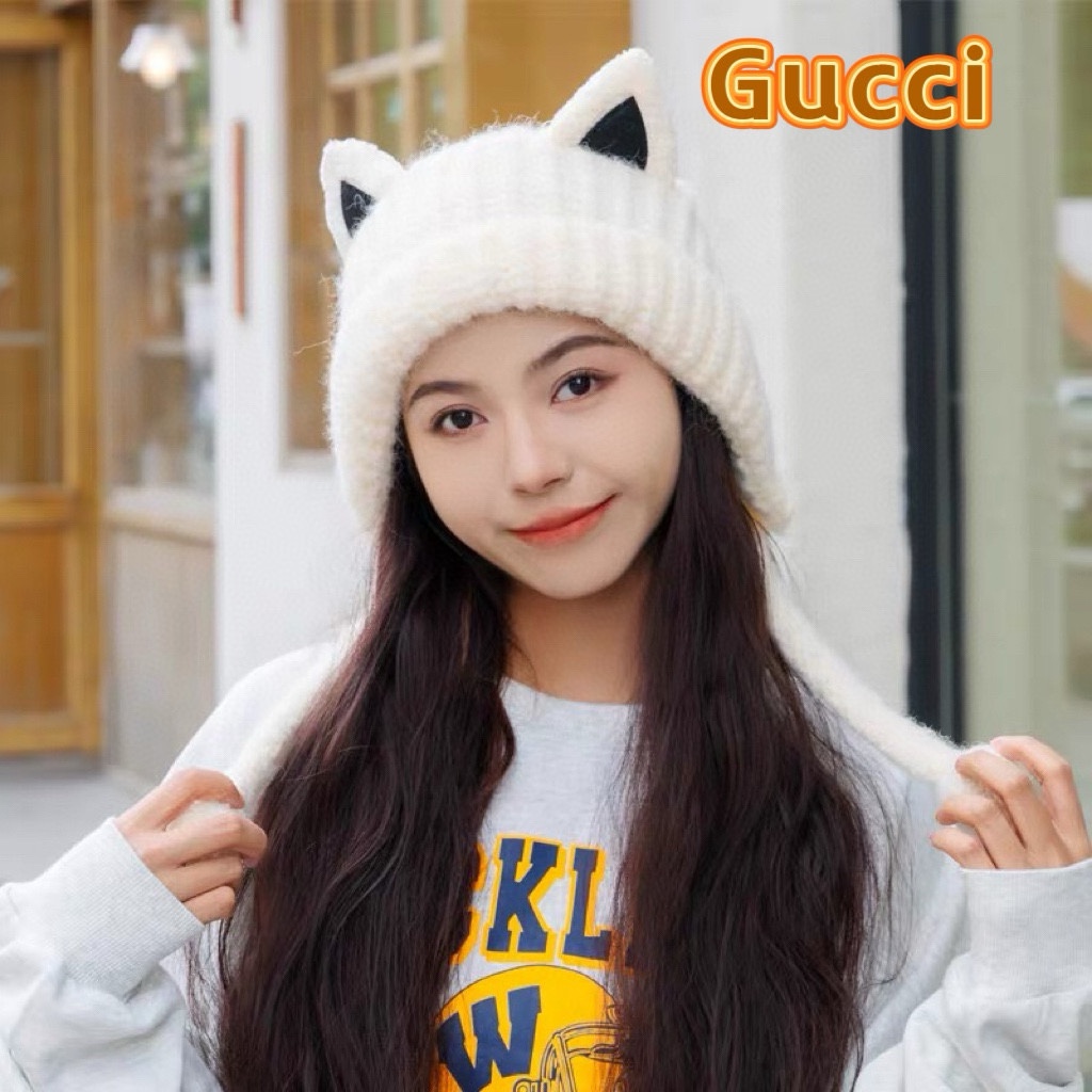  GUCCI古奇猫耳朵针织帽秋冬季保暖毛线帽韩版可爱长辫子休闲护耳帽 GUCCI古奇猫耳朵针织帽秋冬季保