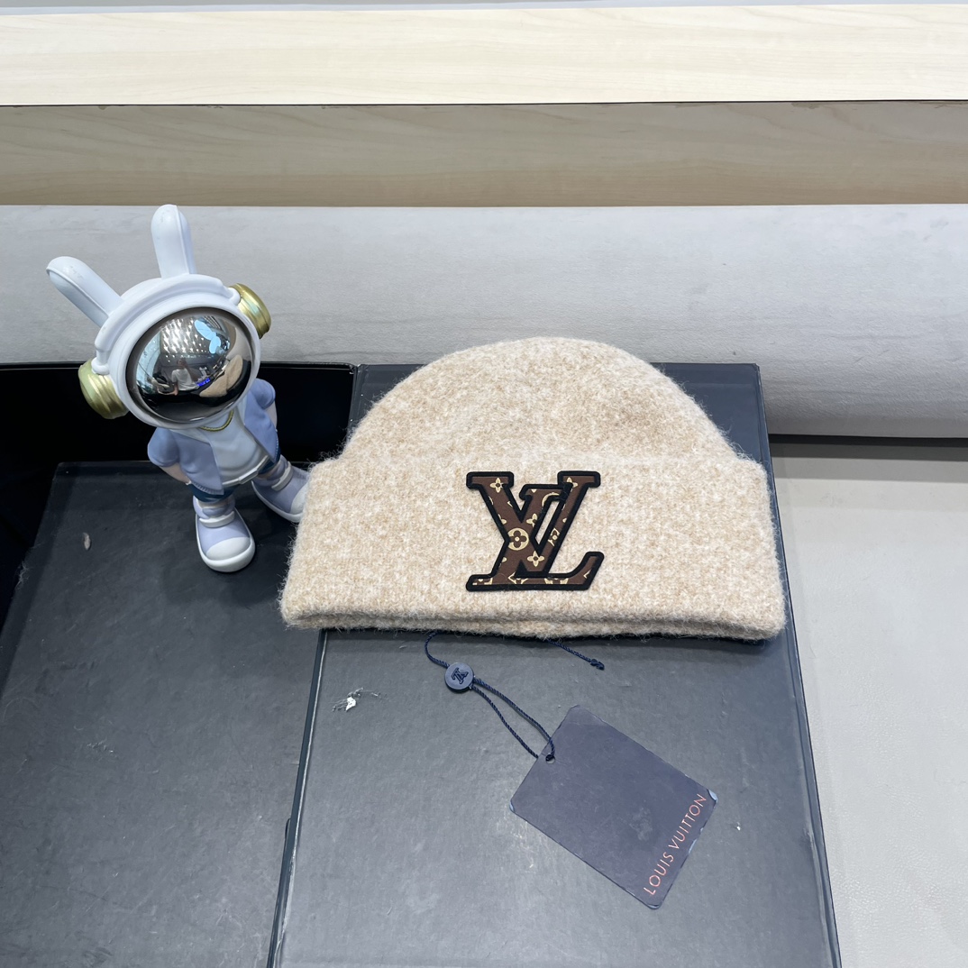 lv路易威登秋冬款羊毛混纺针织帽子女大头围堆堆帽百搭双层保暖加厚