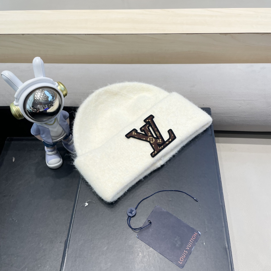 lv路易威登秋冬款羊毛混纺针织帽子女大头围堆堆帽百搭双层保暖加厚