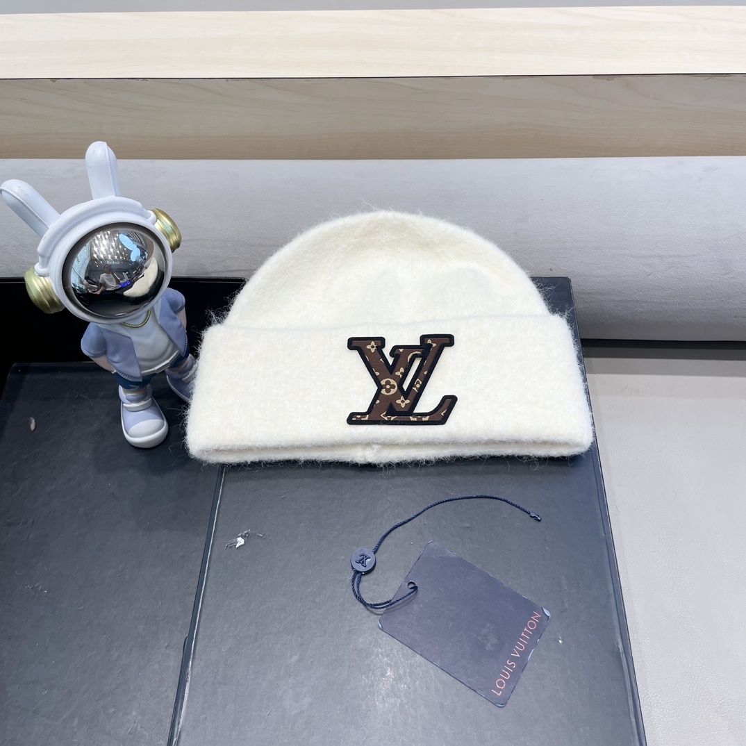 lv路易威登秋冬款羊毛混纺针织帽子女大头围堆堆帽百搭双层保暖加厚