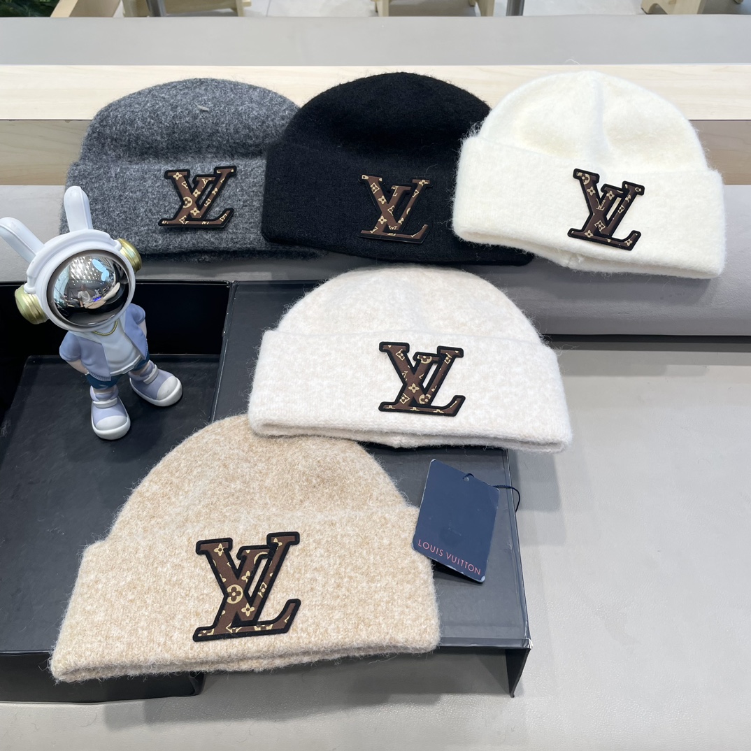 lv路易威登秋冬款羊毛混纺针织帽子女大头围堆堆帽百搭双层保暖加厚