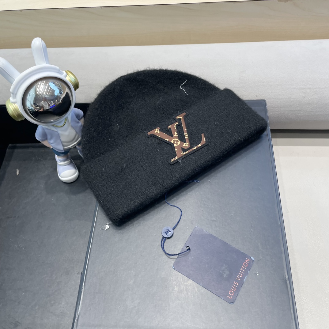 lv路易威登秋冬款羊毛混纺针织帽子女大头围堆堆帽百搭双层保暖加厚
