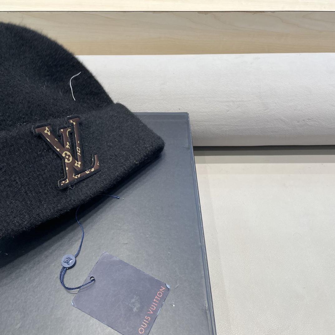 lv路易威登秋冬款羊毛混纺针织帽子女大头围堆堆帽百搭双层保暖加厚