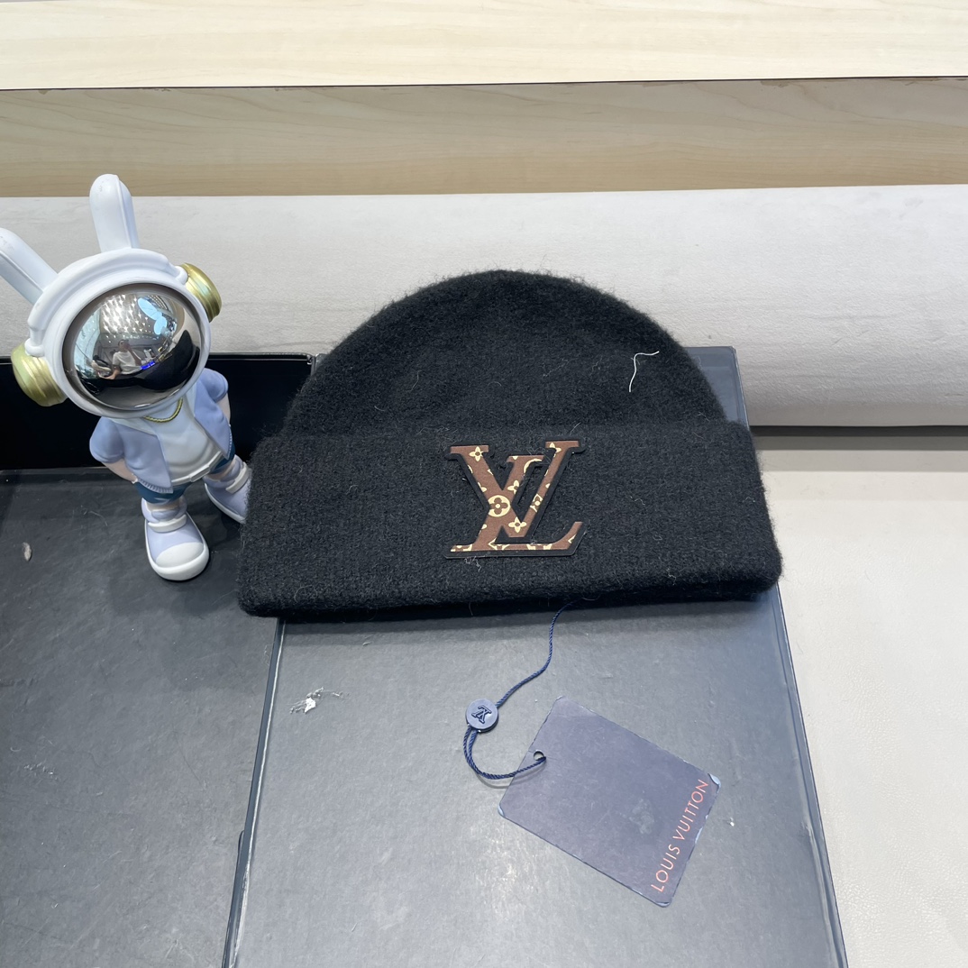 lv路易威登秋冬款羊毛混纺针织帽子女大头围堆堆帽百搭双层保暖加厚
