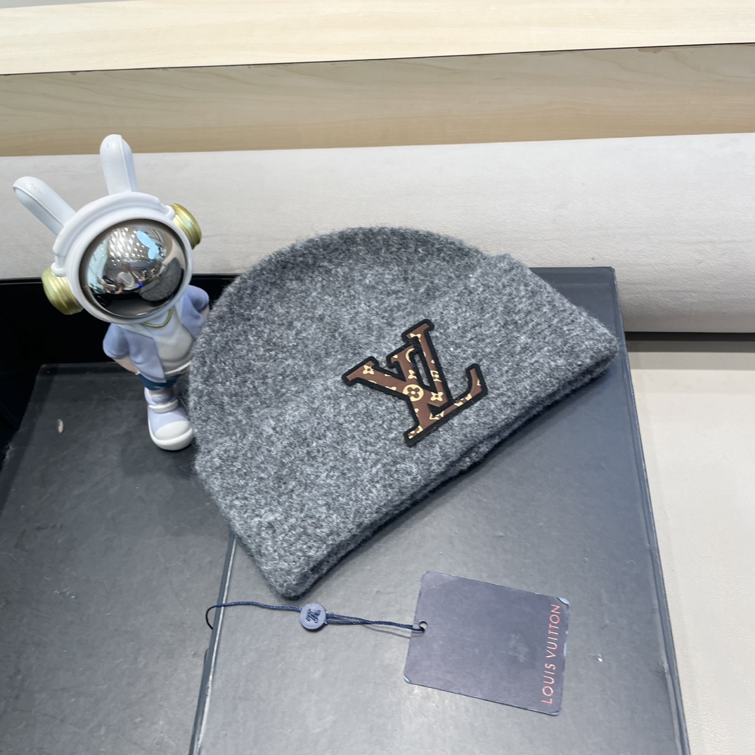lv路易威登秋冬款羊毛混纺针织帽子女大头围堆堆帽百搭双层保暖加厚