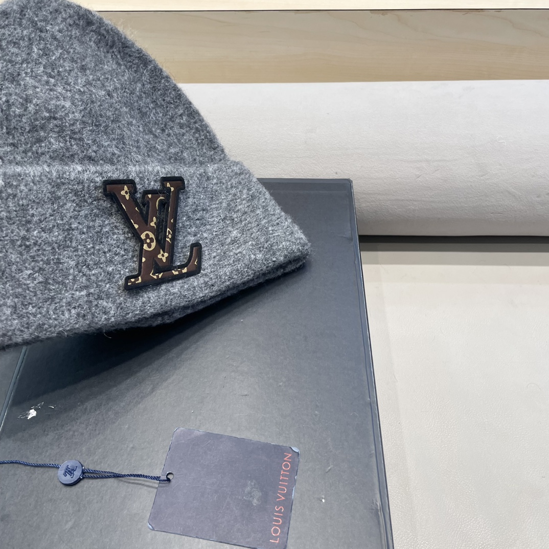 lv路易威登秋冬款羊毛混纺针织帽子女大头围堆堆帽百搭双层保暖加厚