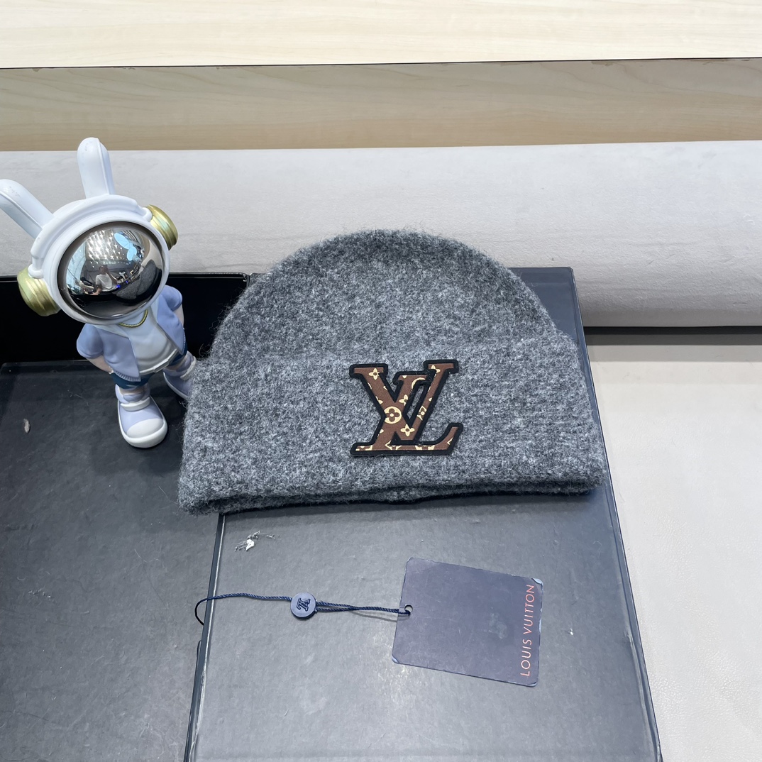 lv路易威登秋冬款羊毛混纺针织帽子女大头围堆堆帽百搭双层保暖加厚