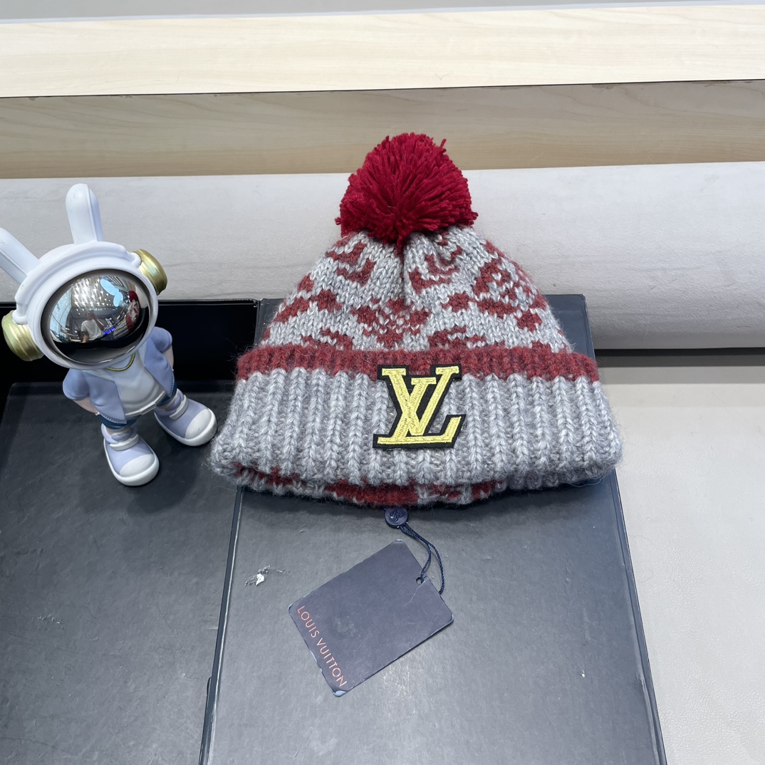 lv路易威登费尔岛针织帽复古提花毛球毛线帽加厚加绒帽子保暖护耳西藏穿搭