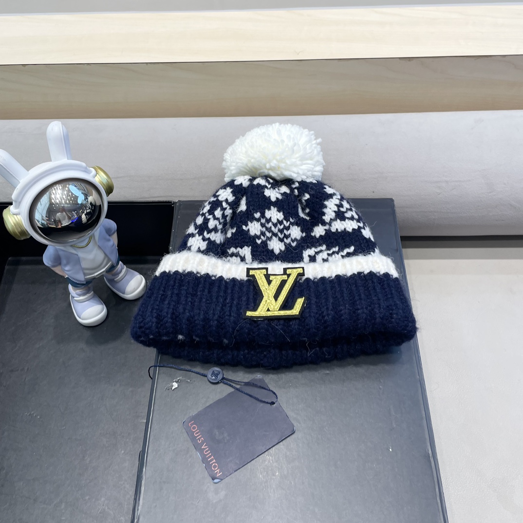 lv路易威登费尔岛针织帽复古提花毛球毛线帽加厚加绒帽子保暖护耳西藏穿搭