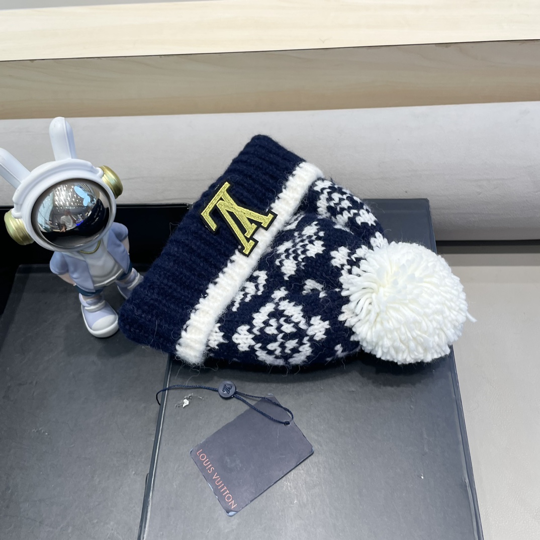 lv路易威登费尔岛针织帽复古提花毛球毛线帽加厚加绒帽子保暖护耳西藏穿搭