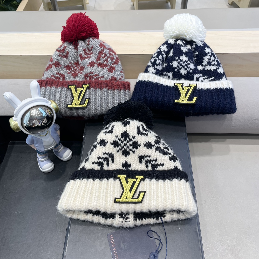 lv路易威登费尔岛针织帽复古提花毛球毛线帽加厚加绒帽子保暖护耳西藏穿搭