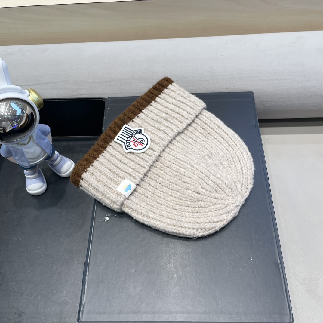   蒙口米色毛线帽黑白条纹女秋冬拼色针织保暖大头围包头帽