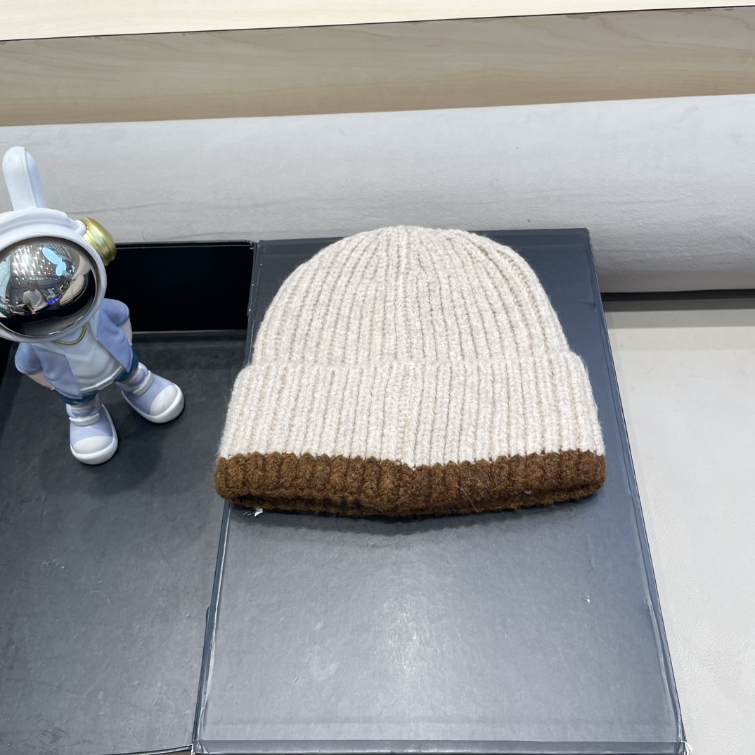   蒙口米色毛线帽黑白条纹女秋冬拼色针织保暖大头围包头帽