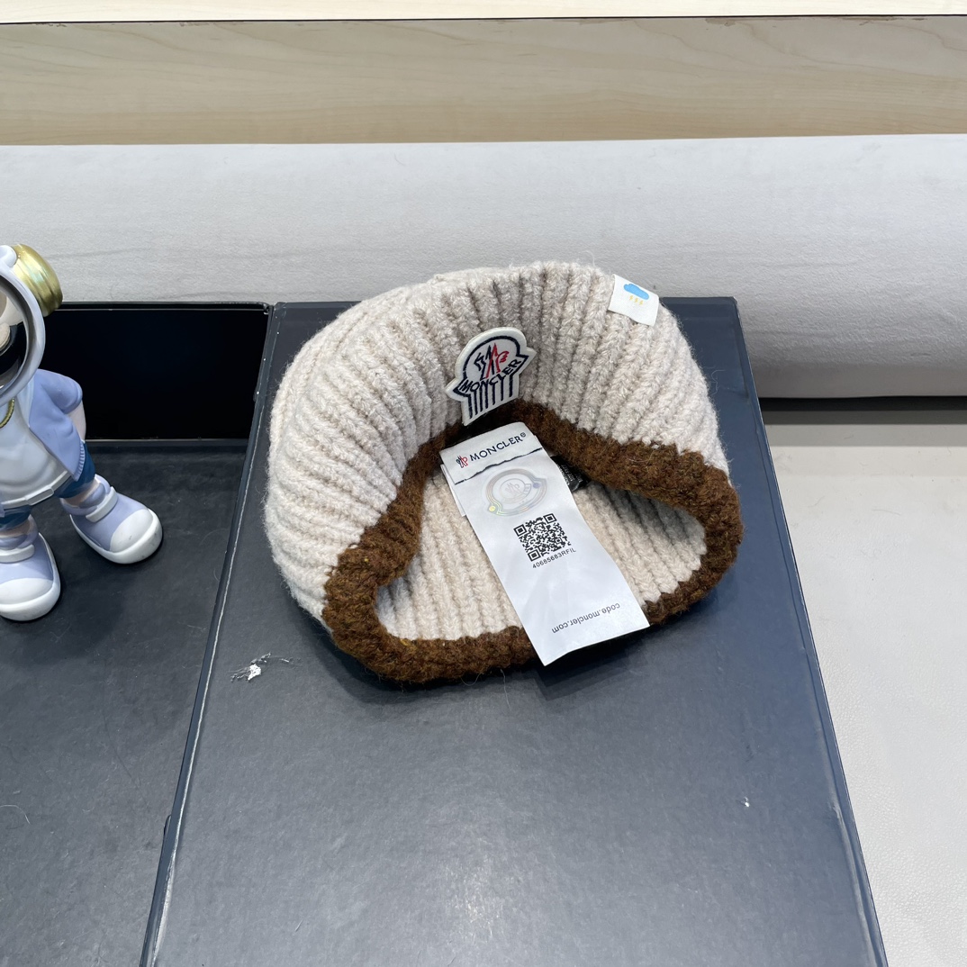   蒙口米色毛线帽黑白条纹女秋冬拼色针织保暖大头围包头帽