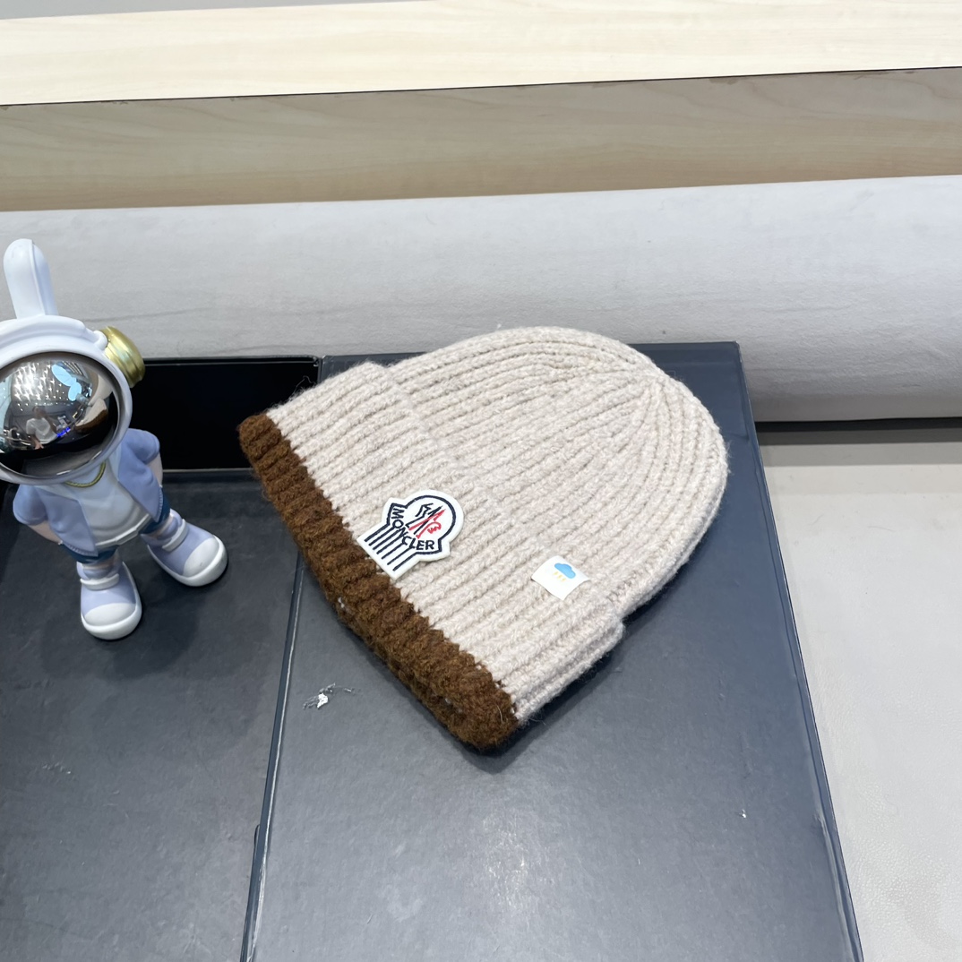   蒙口米色毛线帽黑白条纹女秋冬拼色针织保暖大头围包头帽