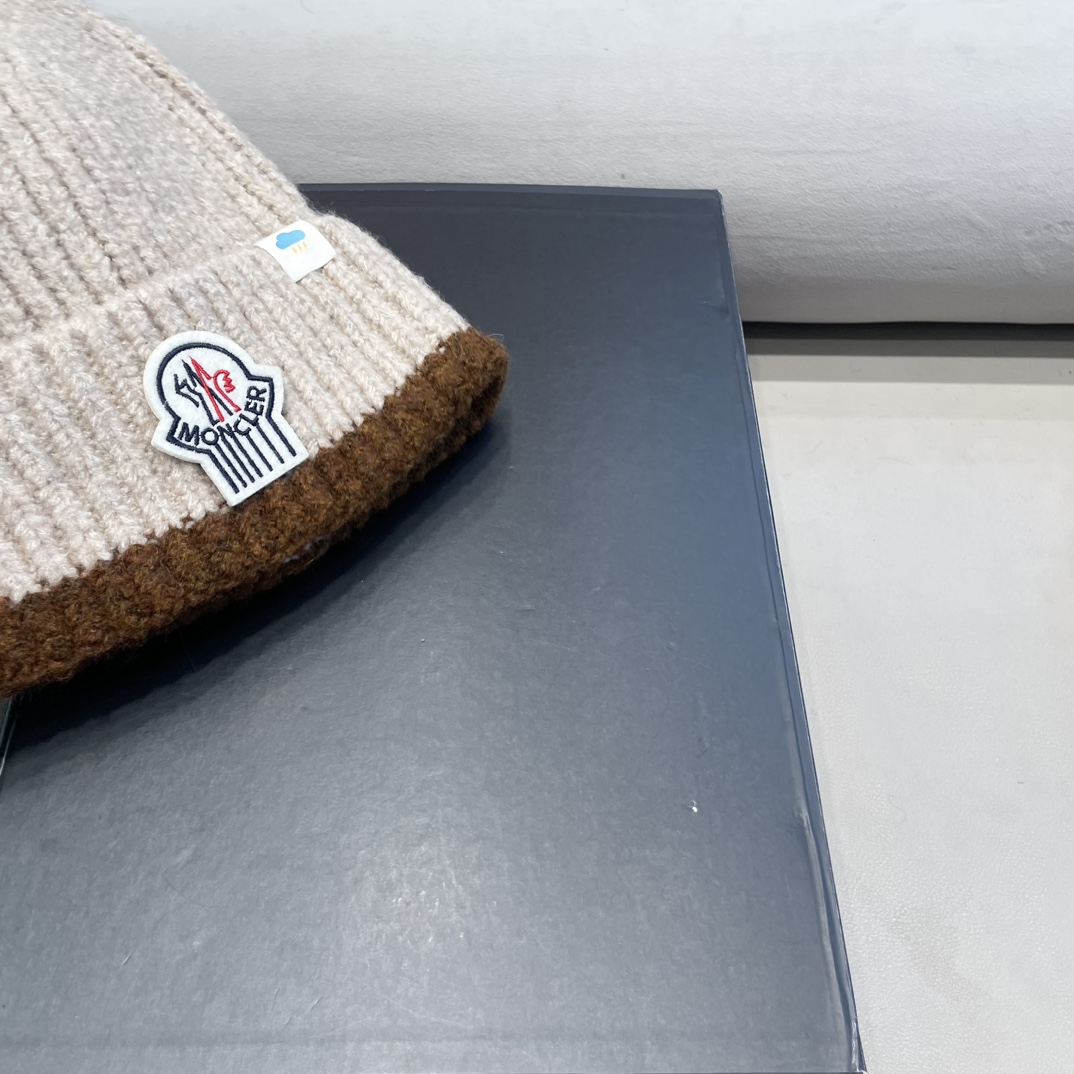   蒙口米色毛线帽黑白条纹女秋冬拼色针织保暖大头围包头帽