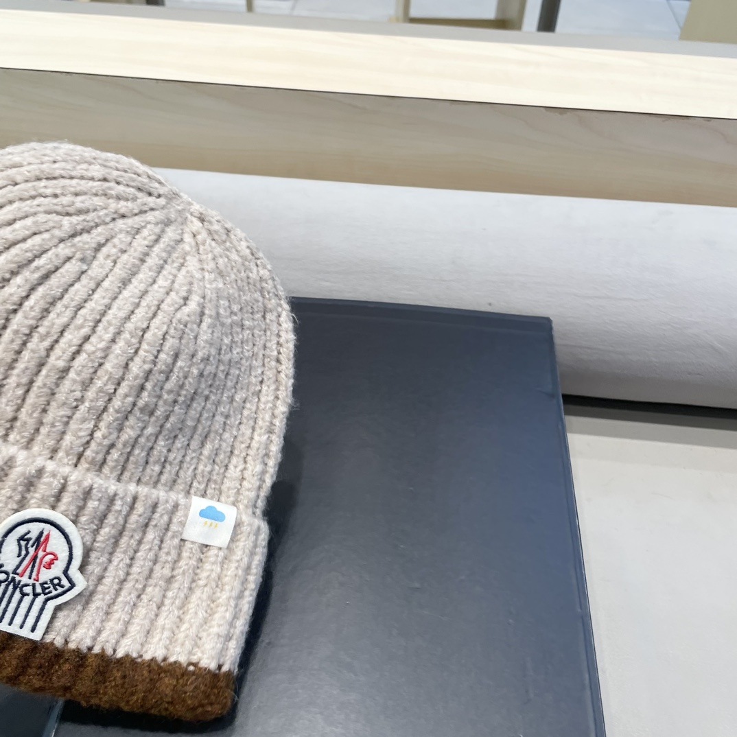   蒙口米色毛线帽黑白条纹女秋冬拼色针织保暖大头围包头帽