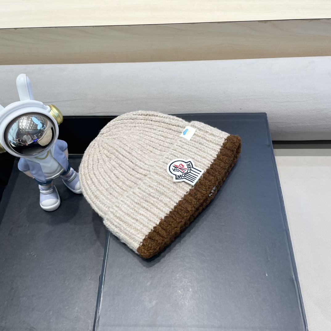   蒙口米色毛线帽黑白条纹女秋冬拼色针织保暖大头围包头帽