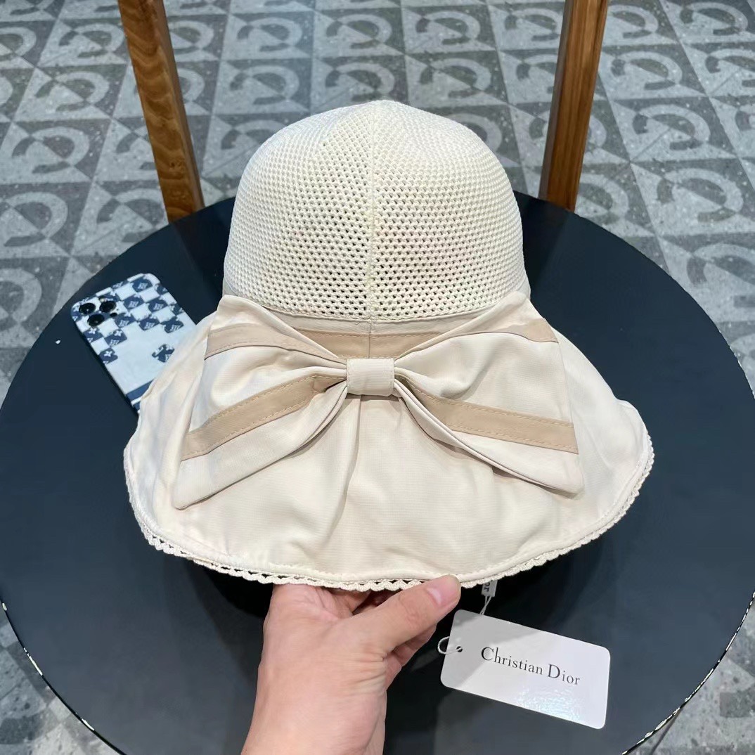 迪奥Dior女蝴蝶结大檐布帽针织布沿遮阳高级感渔夫帽防晒沙滩盆帽潮帽子