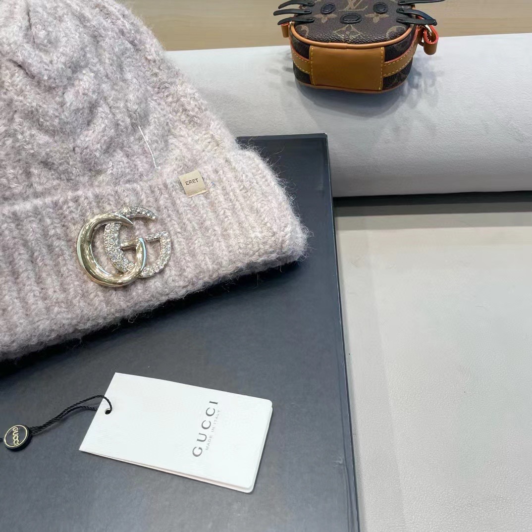   gucci秋冬新款羊绒帽女加厚保暖羊绒针织帽休闲纯色毛线帽