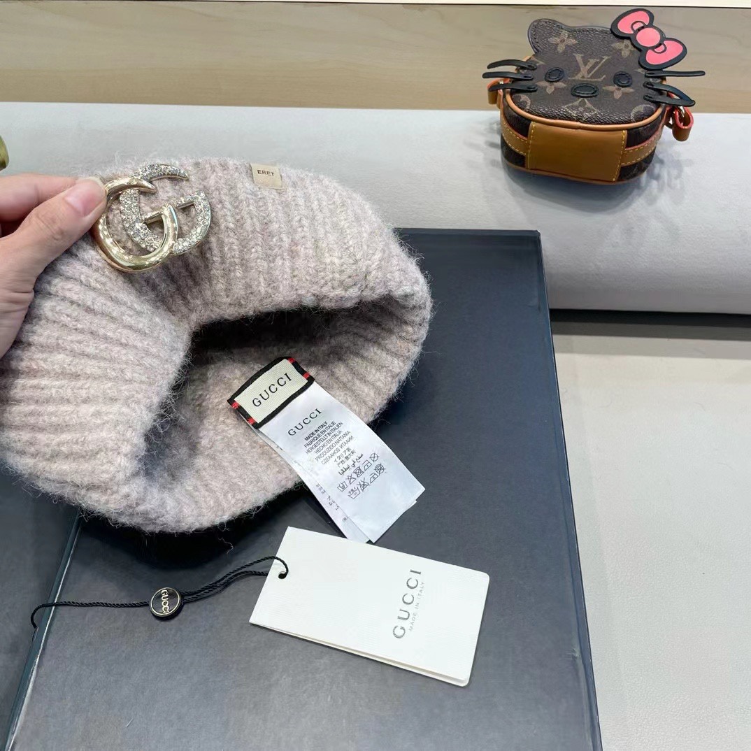   gucci秋冬新款羊绒帽女加厚保暖羊绒针织帽休闲纯色毛线帽