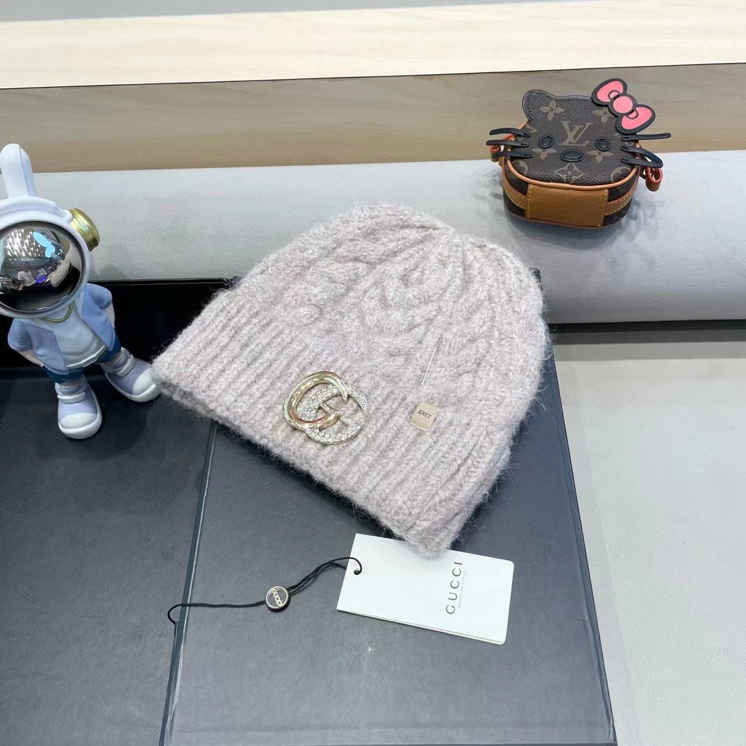   gucci秋冬新款羊绒帽女加厚保暖羊绒针织帽休闲纯色毛线帽