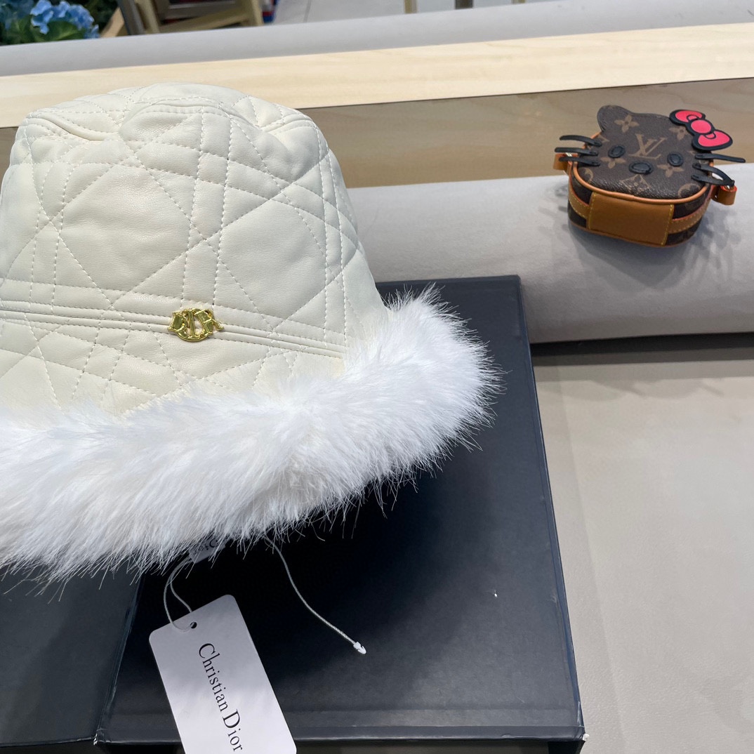DIOR迪奥高级感水貂毛边菱格纹皮质渔夫帽冬季加绒百搭洋气显脸小水桶盆帽