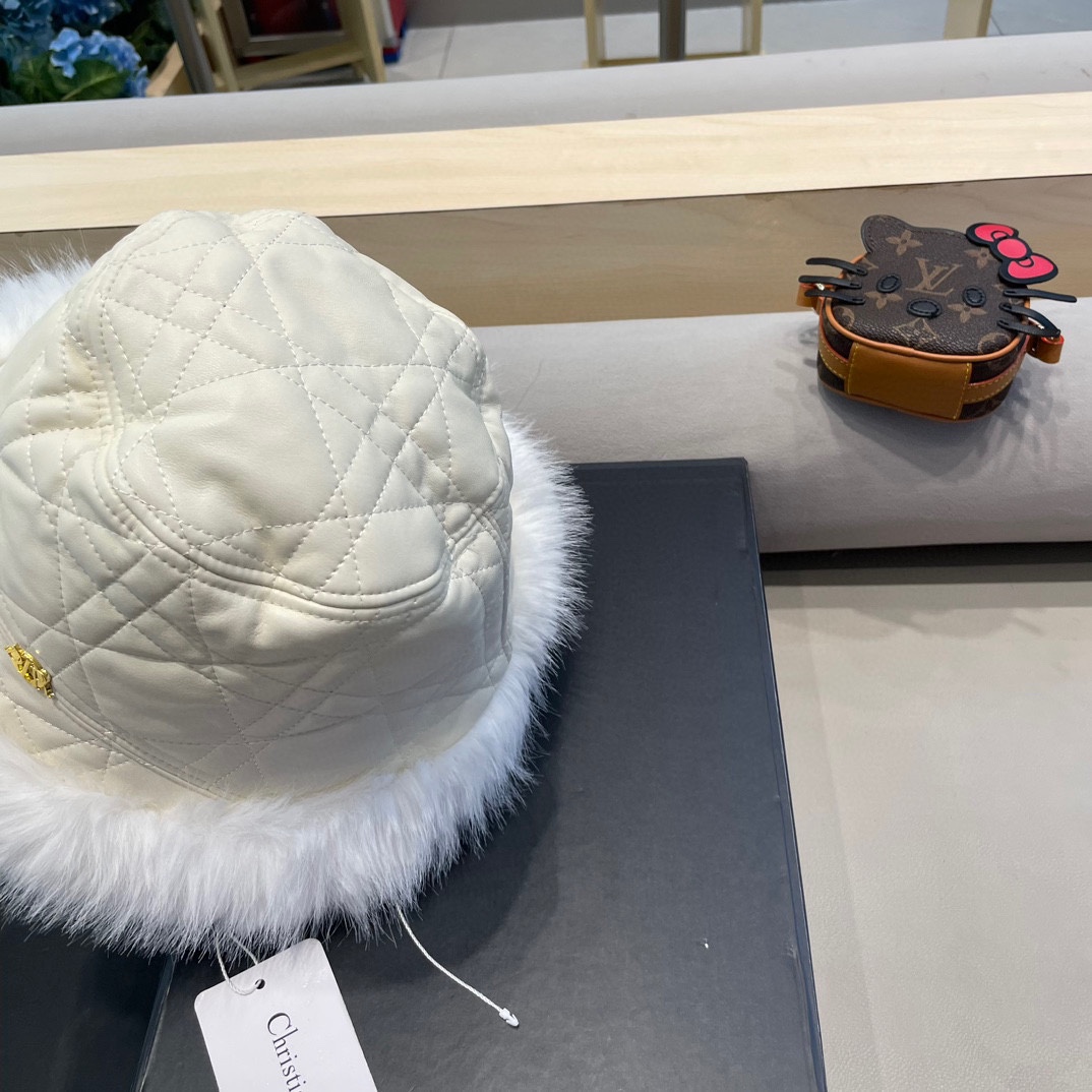 DIOR迪奥高级感水貂毛边菱格纹皮质渔夫帽冬季加绒百搭洋气显脸小水桶盆帽